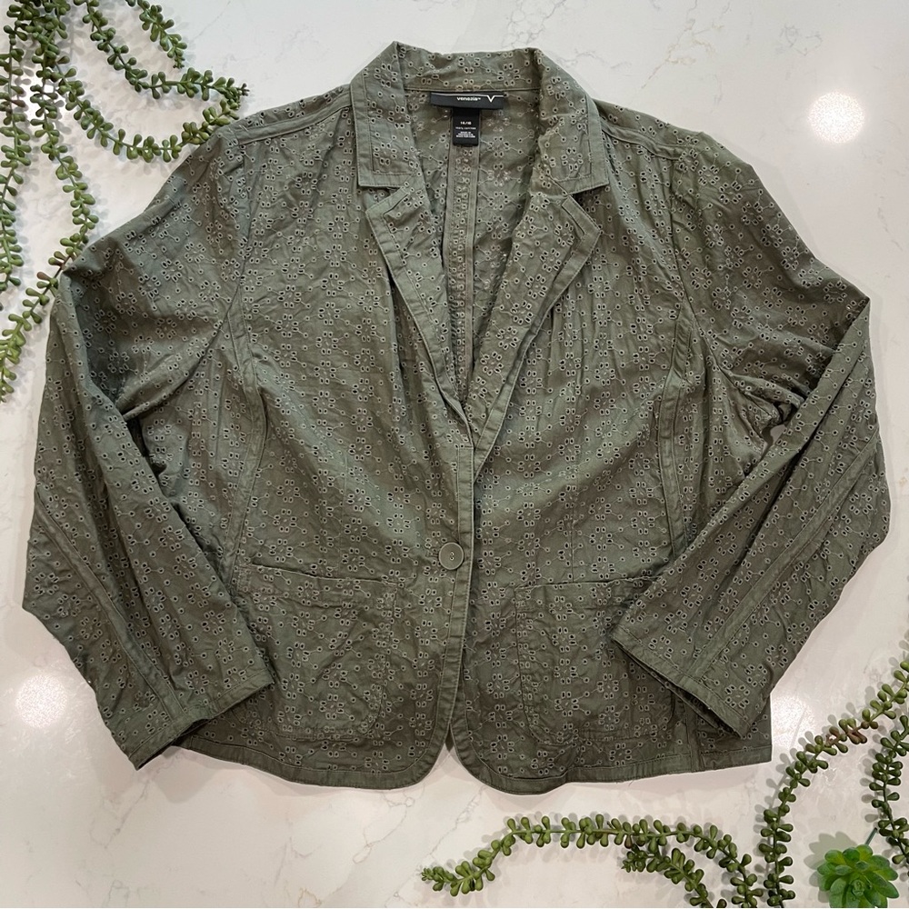 Vintage Venezia Olive Green Eyelet Embroidery Casual Blazer Jacket 14/16